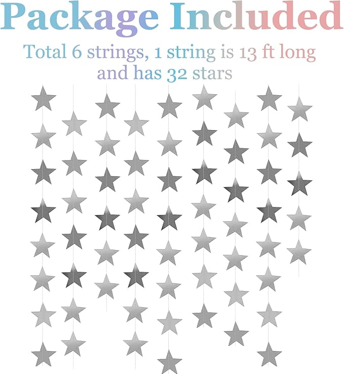 Yzurbu Silver Star Garland, 78 Feet Double Side Hanging Sparkly Paper Star Banner Decorations for Birthday Wedding Engagement Baby Shower Christmas Thanksgiving Halloween