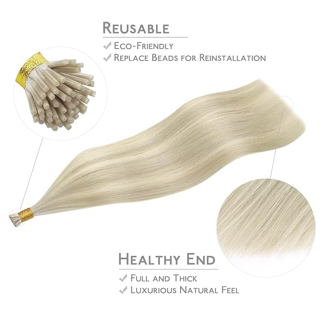 WENNALIFE I Tip Hair Extensions Human Hair, 50g 100s 16 Inch Ash Blonde Highlighted Platinum Blonde Remy Itip Human Hair Extensions Invisible Itips Straight I Tips Fusion Extensions Real Human Hair