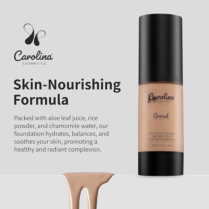 Carolina Cosmetics - Foundation in Coconut Shade Plant-Based - Hydrating, Pore-Minimizing & Buildable Coverage - Vegan, Non-GMO, Paraben-Free - 1oz