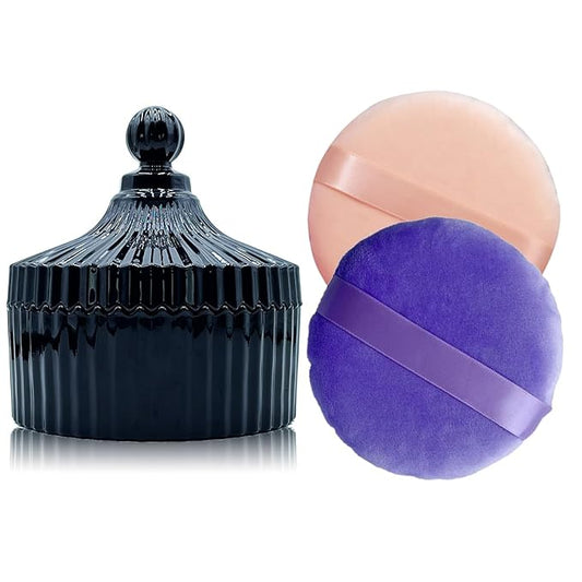 2 Pack Extra Large 5.2" Beige & Purple Powder Puffs and 5.3" Glass Container – Oversized Soft Body & Face Large Powder Puff Dusting Powder Jar Holder Case(Black Glass)