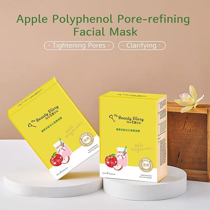 My Beauty Diary Apple Polyphenol Pore-refining Mask, Clarifying and Moisturizing Facial Mask, Restores Skin Elasticity, Self Care Face Sheet Mask for Dry Skin and All Skin Types (8 pcs)