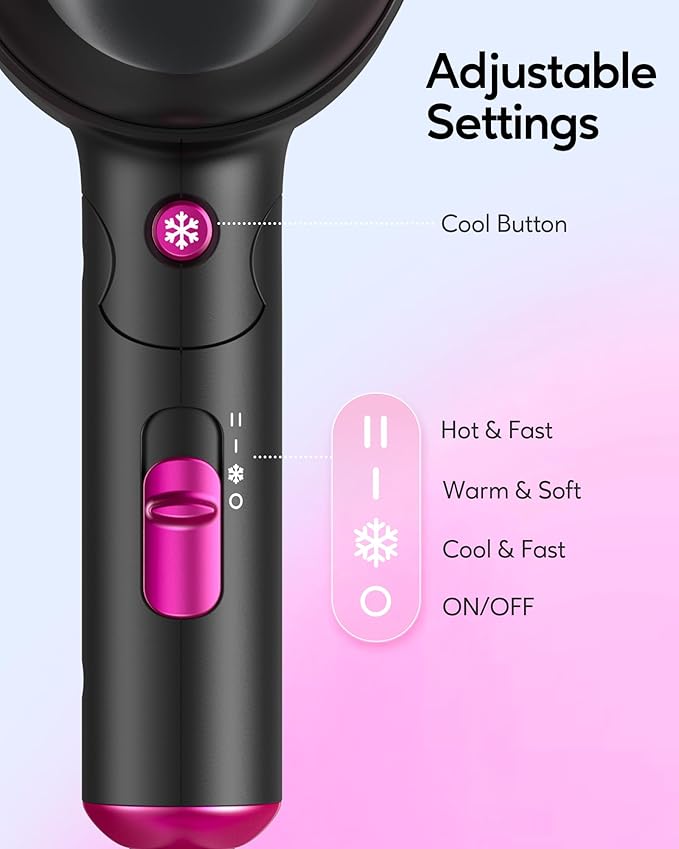 Wavytalk Hair Dryer with Diffuser, Foldable Hair Blow Dryer, 1600W Lightweight Diffuser Hair Dryer for Curly Hair, Black