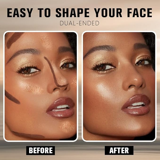 Dual-Ended 2-in-1 Cream Contour & Highlighter Stick Makeup For Face & Body – Waterproof, Long-Lasting, Suitable for All Skin Tones, 06#Black Cocoa + Bronzer Shimmer