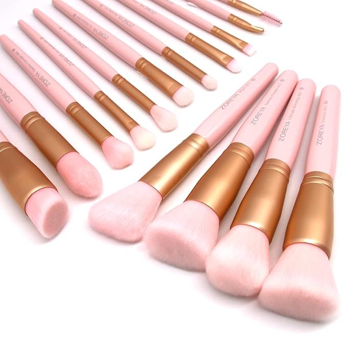 ZOREYA Makeup Brush Set - 15 Pcs Premium Synthetic Foundation Concealers Eye Shadows Make Up Brush,Eyeliner Brushes(Pink)