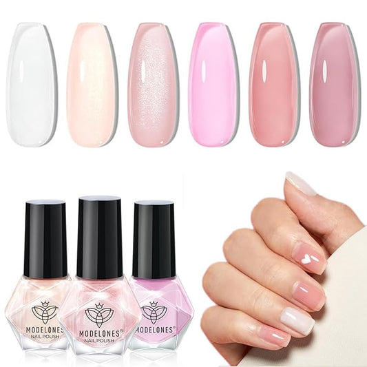 modelones Jelly Nail Polish Set 6 Colors, Milky White Pink Sheer Nude Quick Dry Mini Nail Lacquer Kit, Translucent Clear Transparent Peach Shimmer Manicure DIY Nail Art Spring Gift for Women Girls