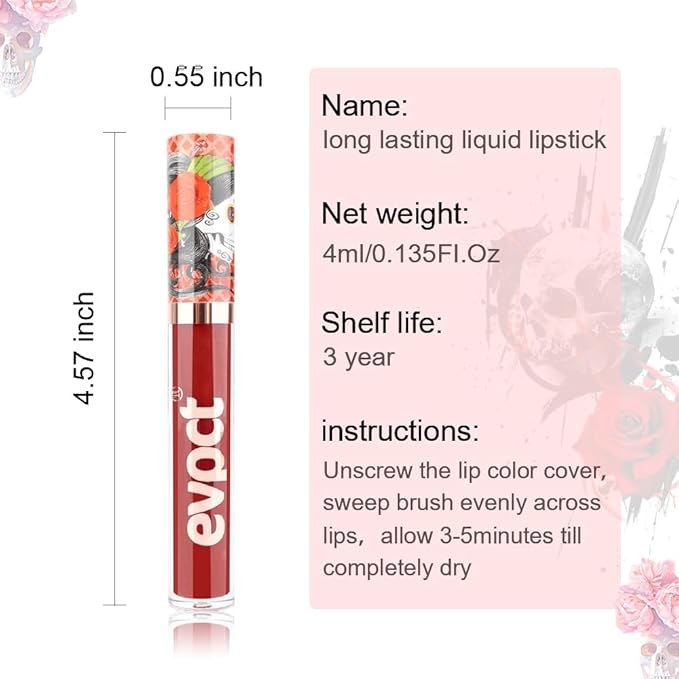 evpct 1Pcs Dark Red Matte Liquid Lipstick Lip Stain Sets for Women, Skull Face Deep Red Matte+Lipstick Long Lasting Permanent 24 hr Hours Magic Lipstick 24 Hours original Waterproof, 15#