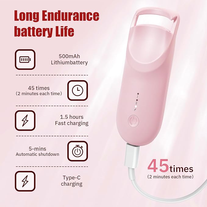 Upgrade Heated Eyelash Curler, Electric Eyelash Curler with 5s Fast Heating, Type-C Rechargeable, LMini Lash Curler, Long-Lasting Lash Lift, Natural Style, Heat-Sensitive Pad (Pink)