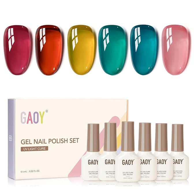 GAOY Jelly Gel Nail Polish of 6 Transparent Pink Red Blue Yellow Colors Sheer Gel Polish Kit for Salon Manicure and Nail Art DIY at Home