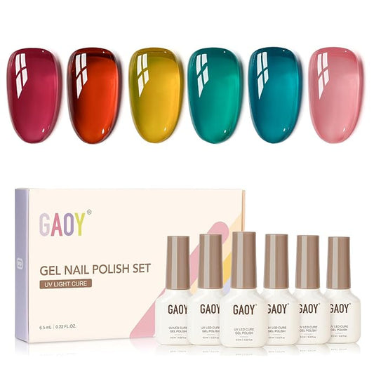 GAOY Jelly Gel Nail Polish of 6 Transparent Pink Red Blue Yellow Colors Sheer Gel Polish Kit for Salon Manicure and Nail Art DIY at Home