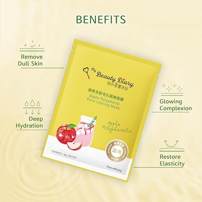 My Beauty Diary Apple Polyphenol Pore-refining Mask, Clarifying and Moisturizing Facial Mask, Restores Skin Elasticity, Self Care Face Sheet Mask for Dry Skin and All Skin Types (8 pcs)