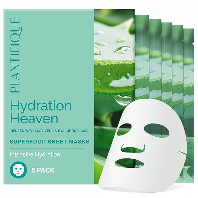 PLANTIFIQUE Facial Sheet Mask Hydration Heaven 5 pack – Aloe Vera & Hyaluronic Acid Hydrating & Refreshing Face Masks – Korean Skincare for Dry or Tired Skin