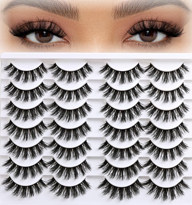 Wispy Lashes Fluffy Mink Eyelashes 16mm Natural Thick False Eye Lash Strips 14 Sets Medium Wispies Fake Strip Doll Eyelash Wet Spikes Style Full Volume Cateye Spiky Lashes Manga Look