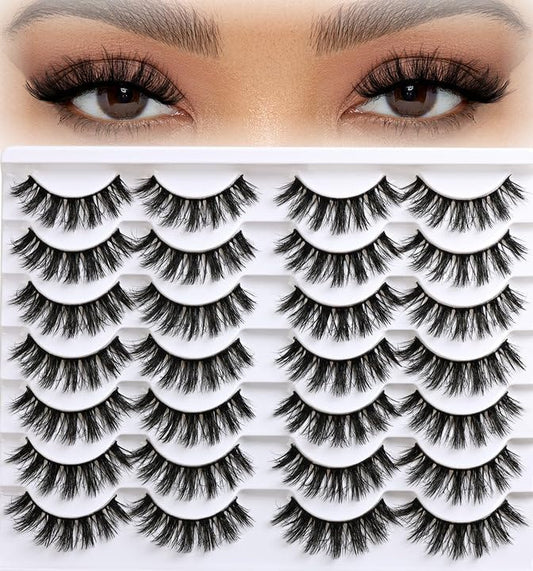 Wispy Lashes Fluffy Mink Eyelashes 16mm Natural Thick False Eye Lash Strips 14 Sets Medium Wispies Fake Strip Doll Eyelash Wet Spikes Style Full Volume Cateye Spiky Lashes Manga Look