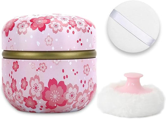 SHIMIDO Body Powder Puff and Container, 3.15" Portable Empty Body Powder Container for Baby Women's Loose Dusting Powder, Powder Case Box with Lids for Bath, Travel and Home Use (Pink Flower B)