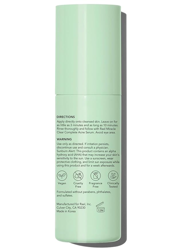 Rael Face Exfoliator, Miracle Clear – Exfoliating Serum with 15% AHA/BHA/PHA Complex and Hyaluronic Acid, Hydration, Korean Skin Care (1.7 fl oz)