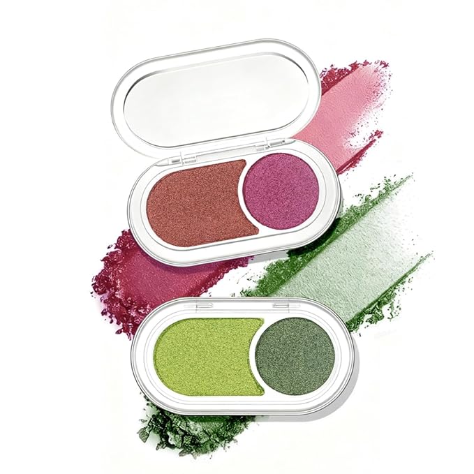 2Pcs Shimmer Green Eyeshadow Roses Double Colors Palette, High Pigment Eye Shadow Powder, Blendable Smooth and Texture Waterproof, Smudge-proof, Durable and Long-lasting Makeup Palette 02#+04#
