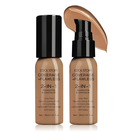 2-in-1 Foundation and Concealer Long Wear Natural Matte Finish Lightweight Coverage (Honey Beige)
