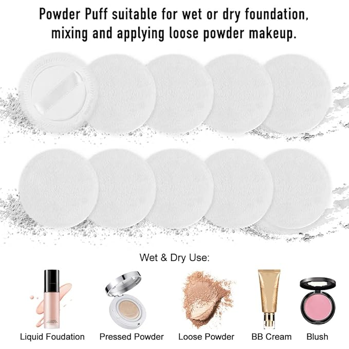 10pcs Powder Puff Cotton Cosmetic Powder Face Makeup Puffs Pads with Ribbon for Loose and Foundation 2.36 inch. (White)