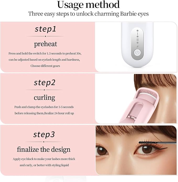 Heated Eyelash Curler for Natural Lashes 2-Level Adjustable Temperature Mini Electric Lash Curler Fast 3-Second Heat Up 24 Hours Long-Lasting Curl
