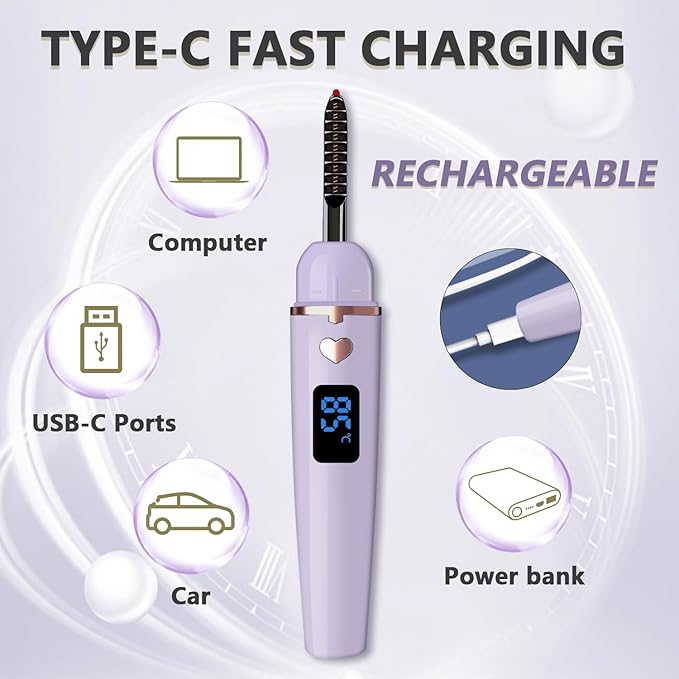 Heated Eyelash Curler, Electric Eyelash Curlers Type C Rechargeable, Heated Lash Curler for Women Natural Eye Lash Curler Makeup Tool with Eyelash Comb, 24 Hours Long Lasting-Dark Purple A