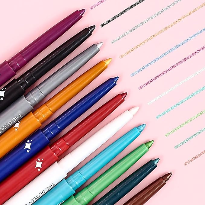 evpct 12Pcs Colored Glitter Shimmery Shimmer Gel Eyeliner Pencils Set for Women, Green Blue White Black Purple Eyeliner Waterline Waterproof lapiz de ojos delineador de ojos contra el agua eye Makeup