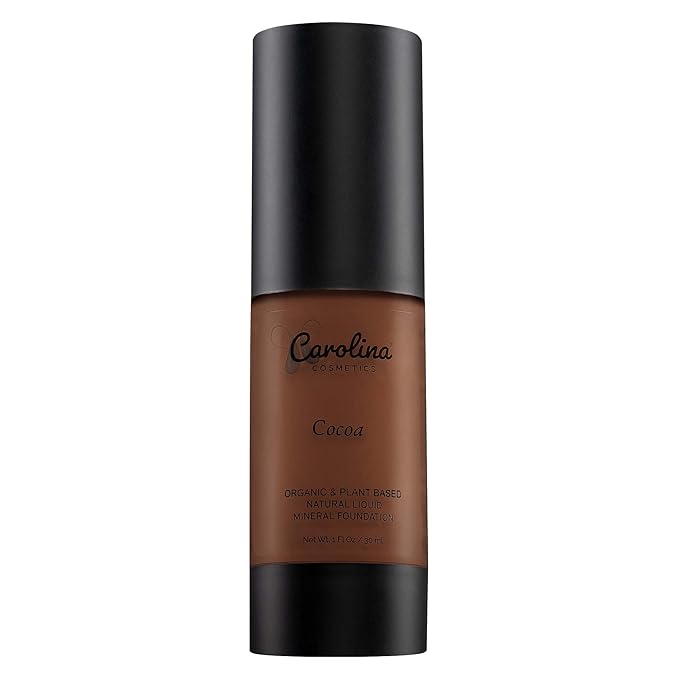 Carolina Cosmetics - Foundation in Cocoa Shade Plant-Based - Hydrating, Pore-Minimizing & Buildable Coverage - Vegan, Non-GMO, Paraben-Free - 1oz