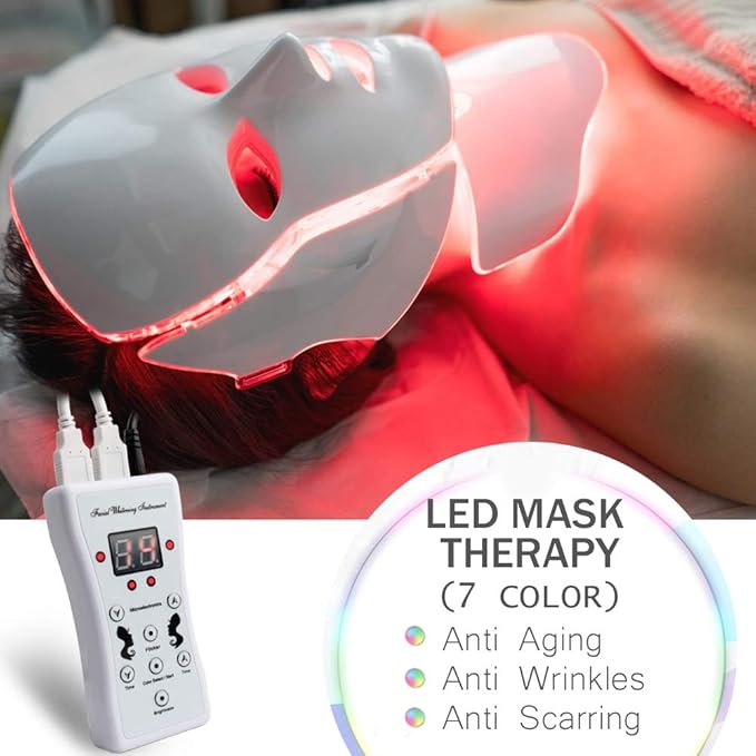LED Face Mâsk Light Therapy | 7 Color Skin Rejuvenation Therapy LED Photon Mâsk Light Facial Skin Care Anti Aging Skin Tightening Wrinkles Toning Mâsk (For face & neck). (White)