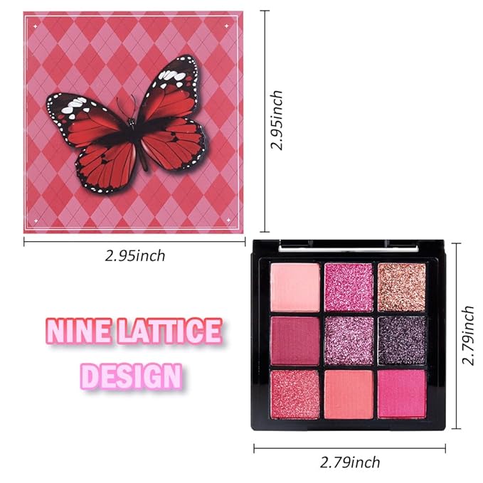 Matte Shimmer Light Deep Pink Eye Shadow Palette Makeup,Eyeshadow Long Lasting Waterproof Cruelty-Free , 9 Blendable Shades in Smooth Finishes with Gorgeous Pearls for Girls (red buttery fly)