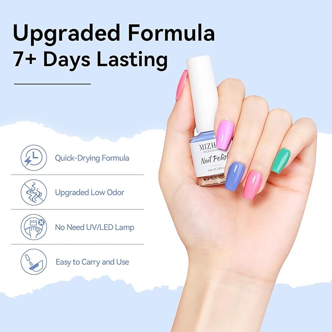 MIZHSE Quick Dry Nail Polish Set, Regular Nail Polish 6 Classic Colors of Milky White Pink Purple Blue Green, Air Dry Nail Lacquer Fingernail Polish for Women, Manicure DIY Nail Art Salon Ideal Gift