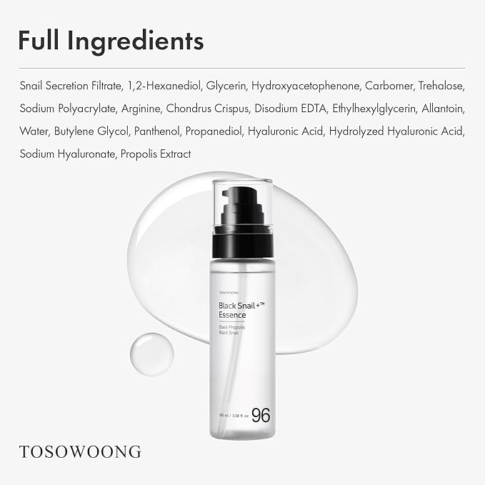 TOSOWOONG Black Snail Plus Essence With 960,890ppm Black Snail Secretion Filtrate, Hydrating Serum, Repairing, Anti Aging, Dull Skin, Fine Lines, Sensitive Skin, Korean Skin Care, 100ml, 3.38 fl.oz.