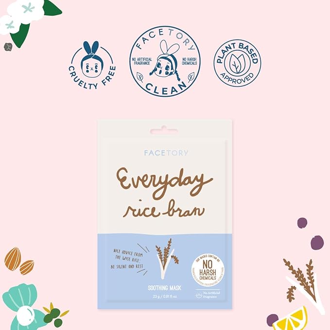FACETORY K Beauty Face Mask Skin Care - Everyday RICE BRAN Soothing Sheet Mask | Plant-Based Rice Face Mask (5 Pack)