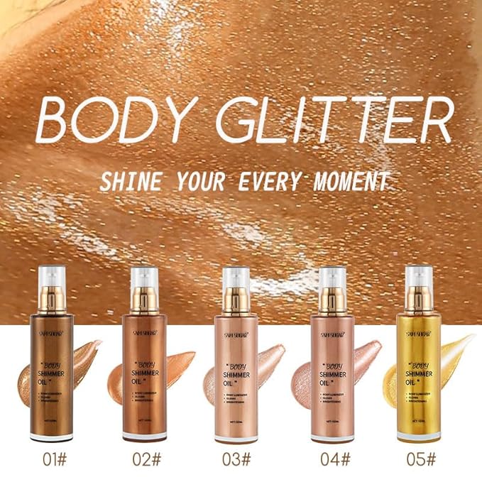 Shimmer Body Oil, Long Lasting Moisturizing Body Glow Glitter for Women Face Luminizer Highlighter Makeup 100ml Shimmer Oil for Glowing Skin Lotion (Gold)