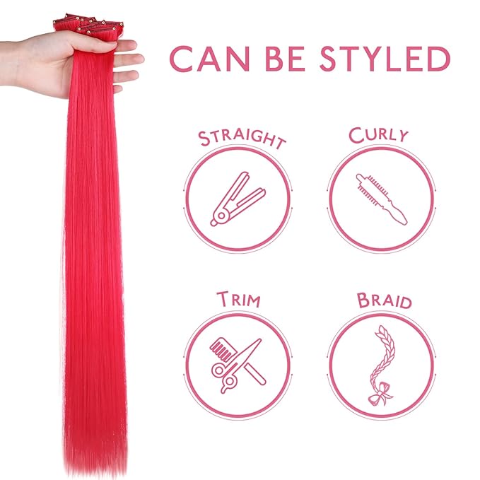 WENNALIFE 12 PCS Red Hair Extensions Clip in, Colored Clip in Hair Extensions for Kids Highlights Rainbow Hair Clips for Girls Synthetic Straight Pop-up Style Colorful Festival Girls Hair Accessories