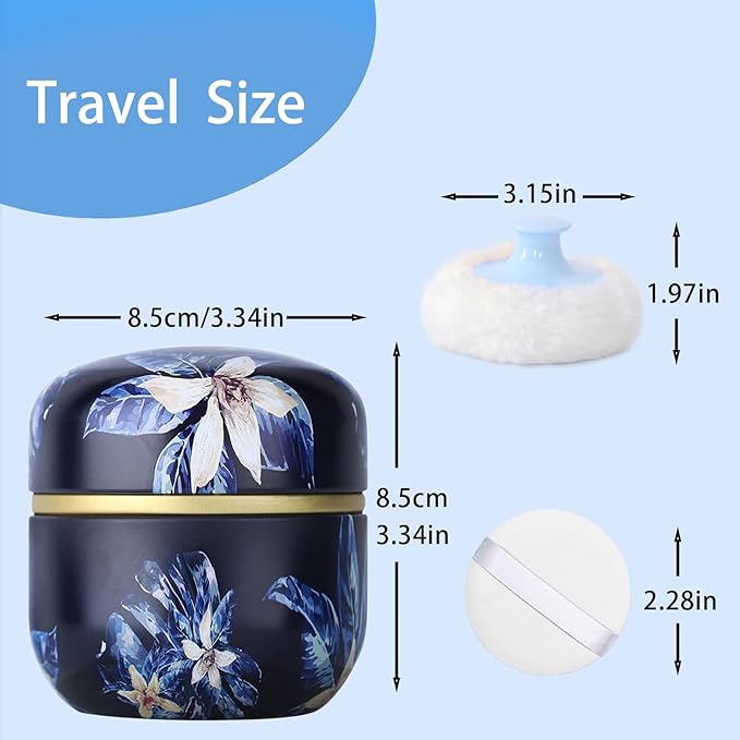 SHIMIDO Body Powder Puff and Container, 3.15" Portable Empty Body Powder Container for Baby Women's Loose Dusting Powder, Powder Case Box with Lids for Bath, Travel and Home Use (Dark Night)