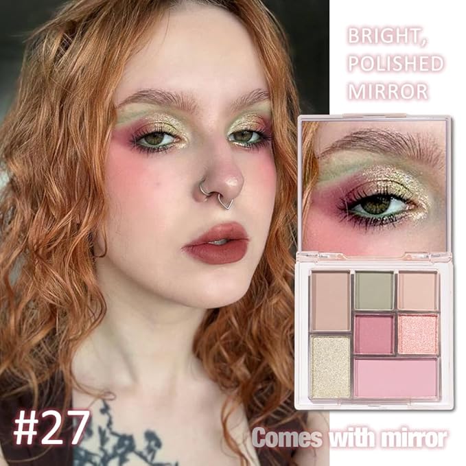 Nude Pink 7Colors Eyeshadow Makeup Palette with Mirror,Green Natural Neutral Eye Shadow Palettes for Older Women,Long Lasting Naturing-Looking,Lightweight,Waterproof,Eye Makeup Kit Travel Size,Vegan