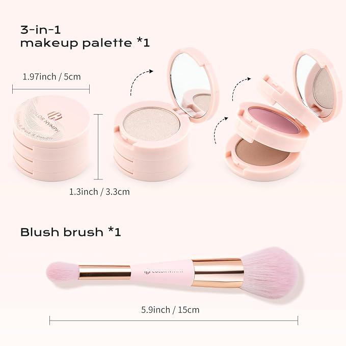 Color Nymph 3 Colors Contour Blush Highlighter Makeup Palette, Travel Size Make up Kit, Blush & Highlighter & Contour Powder Palette, Includes Brush and Mirror, Stacked Makeup Design (Pink)