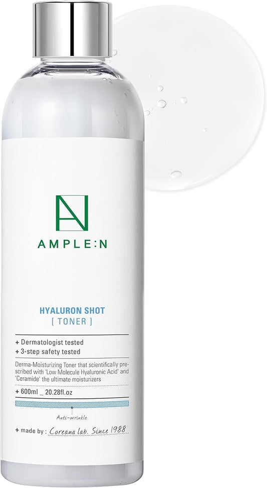 Ample:N Hyaluron Shot Toner – Korean Hyaluronic Acid and Ceramide Hydrating Face Toner - Moisturizing Essence for Minimizing Wrinkles – Dewy Healthy Glow Skin Booster for Dry Skin, 20.3 fl.oz.