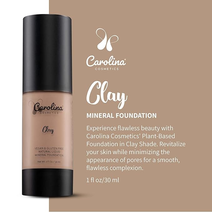 Carolina Cosmetics - Plant-Based Foundation in Clay Shade - Hydrating, Pore-Minimizing & Buildable Coverage - Vegan, Non-GMO, Gluten-Free, Paraben-Free - Sun Protection - 1Fl Oz