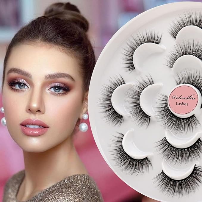 Veleasha Lashes 5D Faux Mink Lashes False Eyelashes Handmade Eye Lashes Wispy Fluffy Fake Lashes Eyelashes Natural Look 7 Pairs Luxurious Volume Fake Eyelashes Pack (5D32)