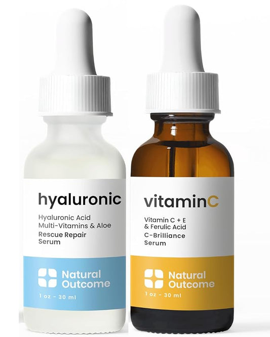 Natural Outcome Face Serum Set Hydrating Hyaluronic Acid and Vitamin C Face - Pack of Two Anti Aging Facial Serum Kit 1 oz Each, Vegan, Cruelty Free & Fragrance Free