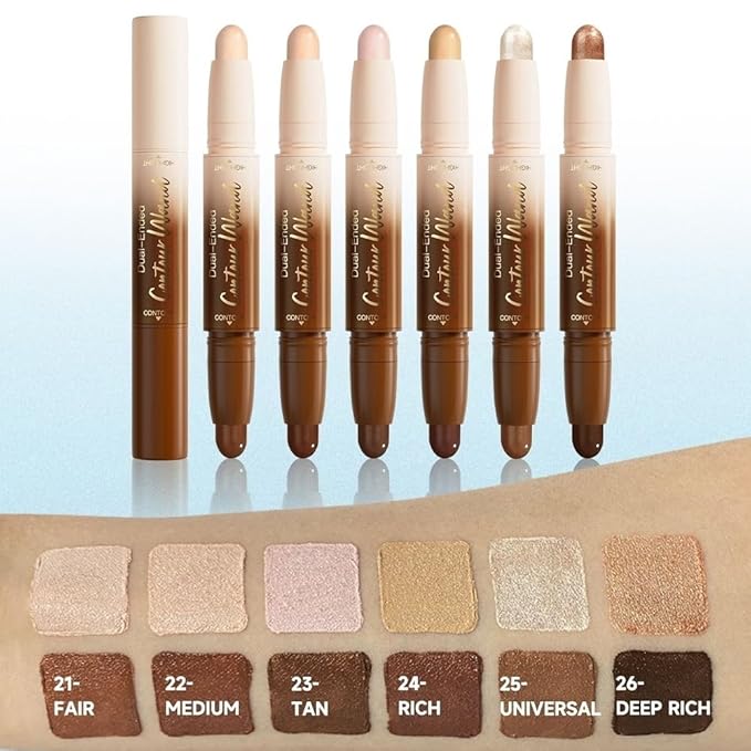 2in1 Cream Contour Highlighter Stick, Neutral Bronzer Makeup Sticks, Applies Dual-Ended Sculpting Stick for Face Body, Long Lasting Waterproof No Smudging, Suitable for Makeup Beginners- Rich