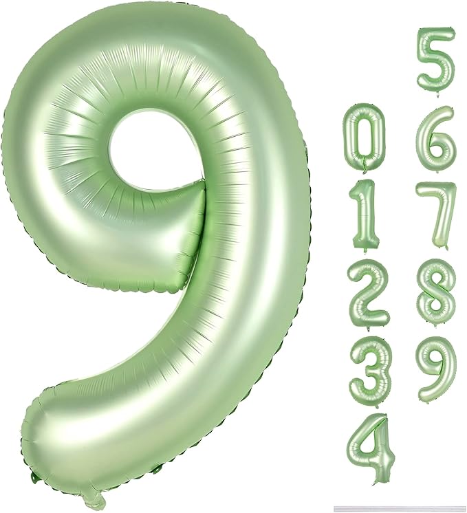 40'' Sage Green Number 9 Balloon, Self Inflating Foil Number Balloons Set 0-9, Olive Green Digital 9 Helium Balloon for Girls Boys 9th Jungle Safari Birthday Party Decorations Anniversary Supplies