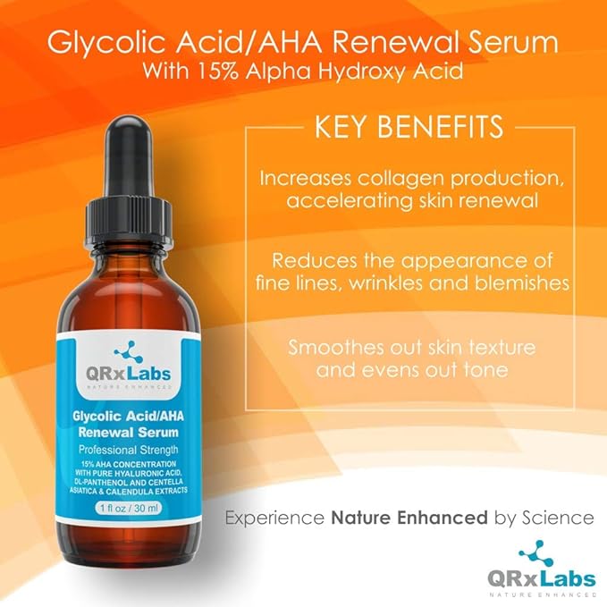 QRxLabs 15% Glycolic Acid Face Serum - 1 Fl Oz - Brightening Serum & Exfoliating Treatment - Skin Care for Dark Spots, Fine Lines & Wrinkles