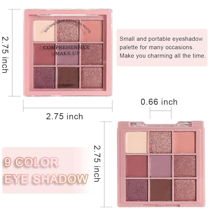 9 Colors Colorful Eyeshadow Palette Makeup,Rose Gold Brown Purple Nude Matte Shimmer Neutral Eye Shadow Powder Palette,Naturing-Looking Long Lasting Waterproof