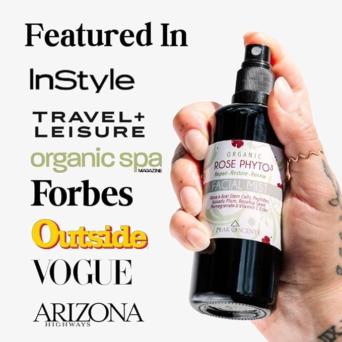 Peak Scents - Organic & Vegan Rose Phyto³ Water Facial Spray - Moisturizing Face Mist & Setting Spray, Soothing, Hydrating Mist Rose Water For Face - Great for Facial Massaging (4 oz)