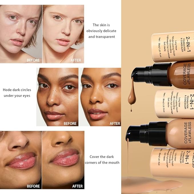 2 in 1 Foundation Concealer, Lightweight Creamy Long Lasting Face Makeup for Combination Oily Skin, Conceals Dark Circles Under Eyes Dark Spots and Blemishes, Vegan Cruelty-Free, Warm Tan