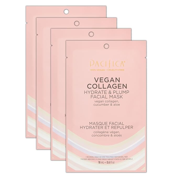 Pacifica Vegan Collagen Hydrate & Plump Face Mask 4-Pack – Hydrating & Plumping Peptide-Infused Sheet Mask for Dewy Skin, with Vegan Collagen, Cucumber & Aloe, Clean Beauty Skincare