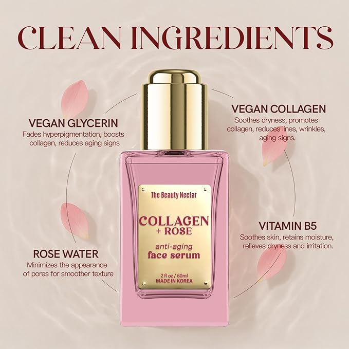 Collagen Face Serum with Rose – Firms Skin, Boosts Hydration, Soothes Dryness – Dermatologist Tested, Anti-Aging, Korean Skin Care – Clean Vegan Formula for Sensitive Skin – 2 Fl Oz