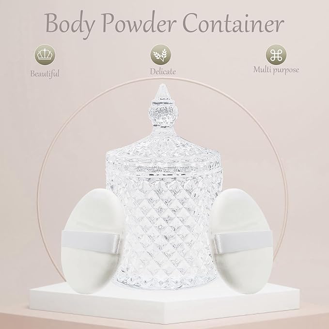 3 Pcs Large Body Powder Puff and Container,Glass Reusable Box Crystal Case Jar with Soft Puff