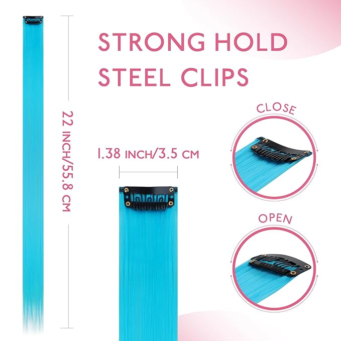 WENNALIFE 12 PCS Sky Blue Hair Extensions Clip in, Colored Clip in Hair Extensions for Kids Highlights Rainbow Hair Clips for Girls Synthetic Straight Pop-up Style Colorful Girls Hair Accessories